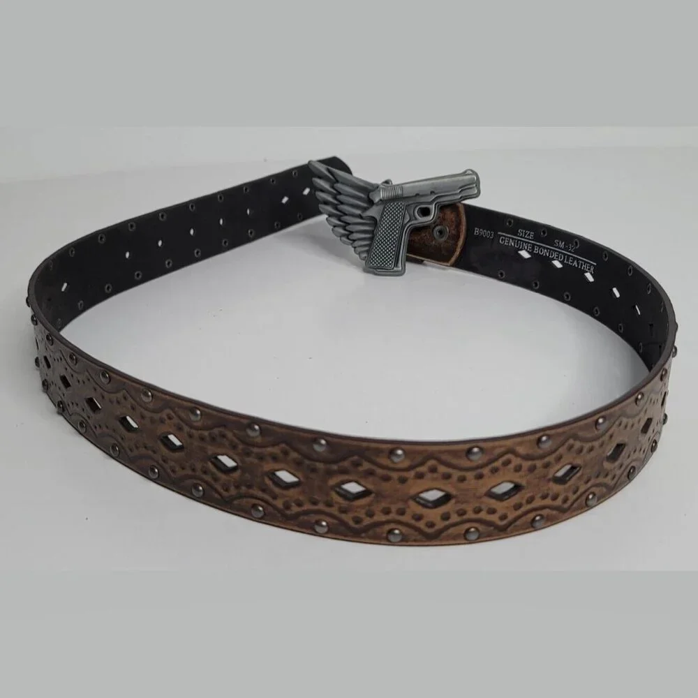Leather Belt Sz Small 32 Gun Pistol Wings Buckle Brown Embossed‎ Studded Western